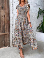 Vestido largo bohemio con cuello en V para mujer con vestido de péndulo con estampado floral en la cintura - details 6