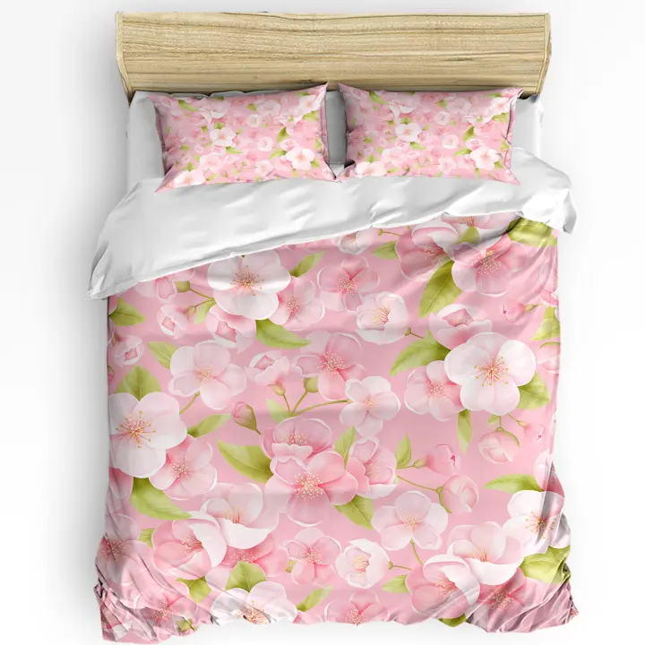Edredón de flores de melocotón rosa con funda de almohada, edredón personalizado, juego de cama de 3 piezas, funda de edredón, cama doble, textiles para el hogar - 1