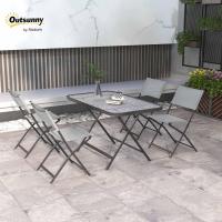Conjunto de jardín de 5 piezas para exteriores, incluye 1 mesa de vidrio templado y 4 sillas plegables estilo moderno para terraza o patio, color gris. - details 1