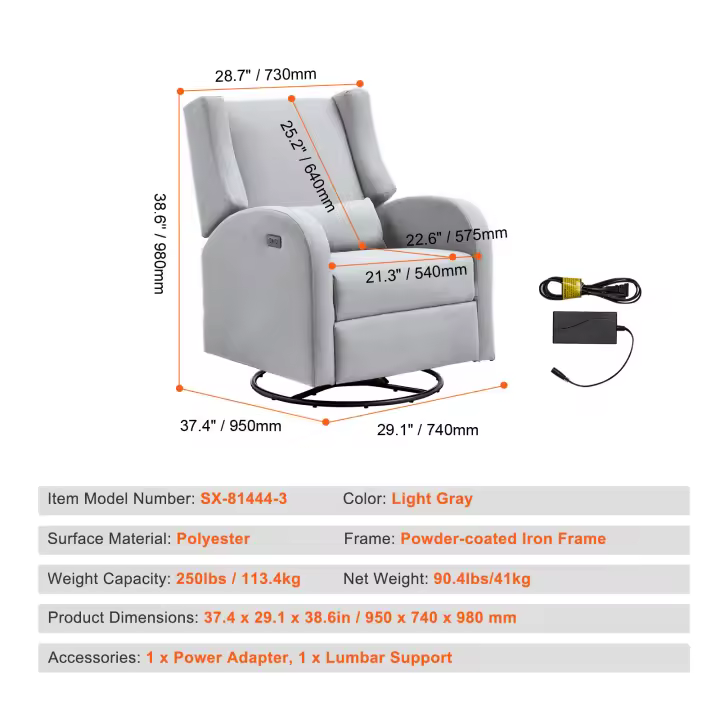 SucceBuy Sillón reclinable eléctrico y planeador giratorio. Ángulo ajustable. Superficie de poliéster. Mecedora reclinable para sala de estar, dormitorio - 1