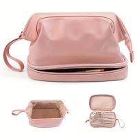 Bolsa de maquillaje de doble capa minimalista, bolsa de cosméticos de color sólido, bolsa de aseo de viaje - details 1