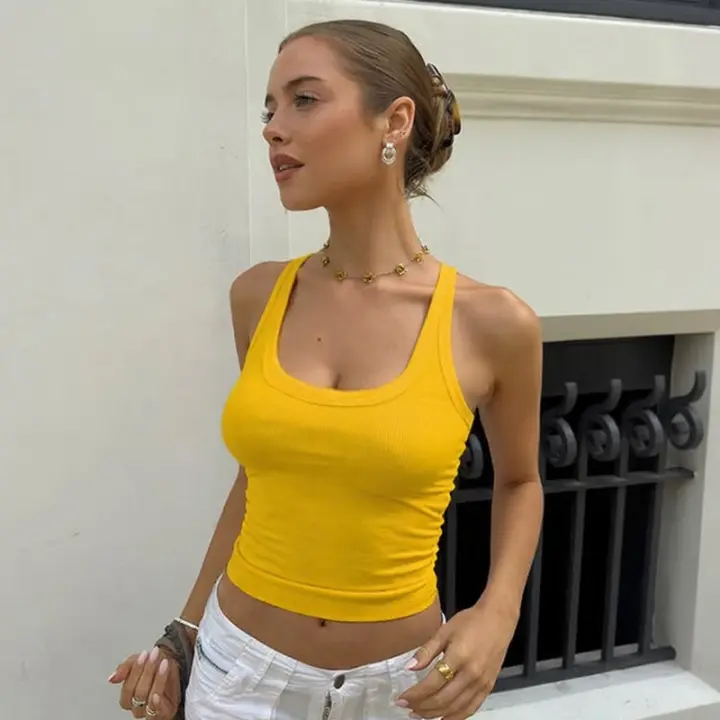 Verano nueva moda Spice Girl cuello en U color sólido slim-fit en forma de I chaleco pequeño sin espalda - 1