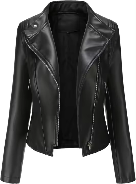 Chaqueta de piel para mujer con cremallera, cortavientos, cuello alto, chaqueta de motorista, para primavera y otoño - 1
