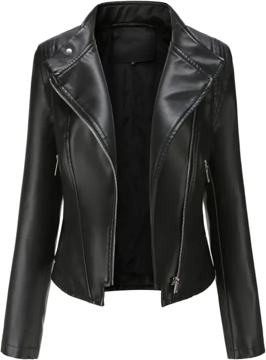 Chaqueta de piel para mujer con cremallera, cortavientos, cuello alto, chaqueta de motorista, para primavera y otoño - 1