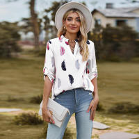 Camisa con estampado de plumas de tres cuartos y manga e para mujer, cuello en V, otoño, nueva - details 29