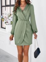 Vestido corto de manga larga con cuello en V para mujer, prenda de diseñador elegante, color sólido, novedad de primavera 2025 - details 6