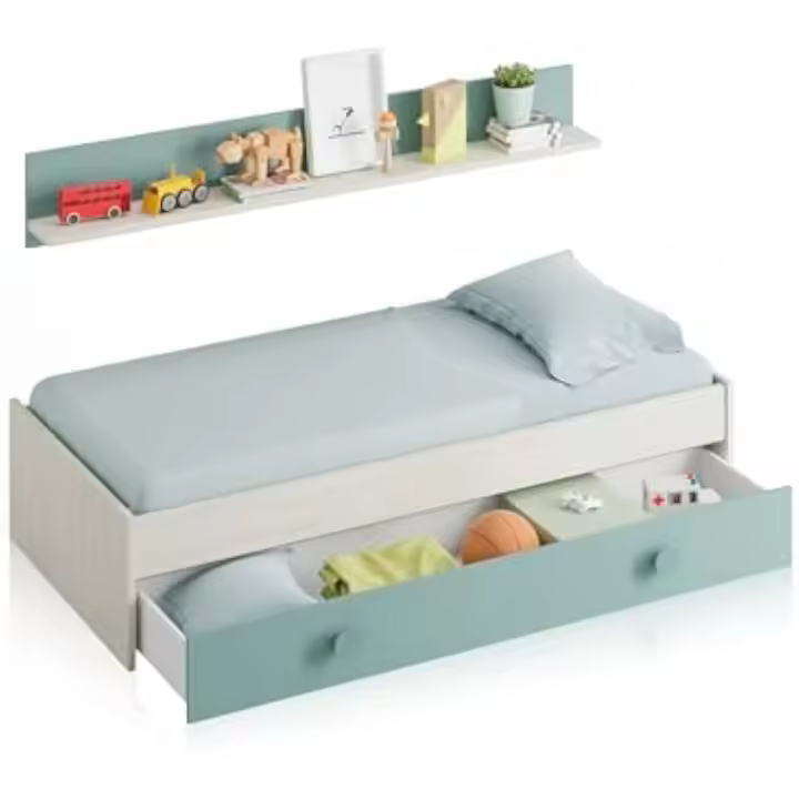 Cama Nido Juvenil 2 Camas + Estante Blanco Alpes y Verde Acua Medidas 200 cm x 98 cm x 43 cm - 1