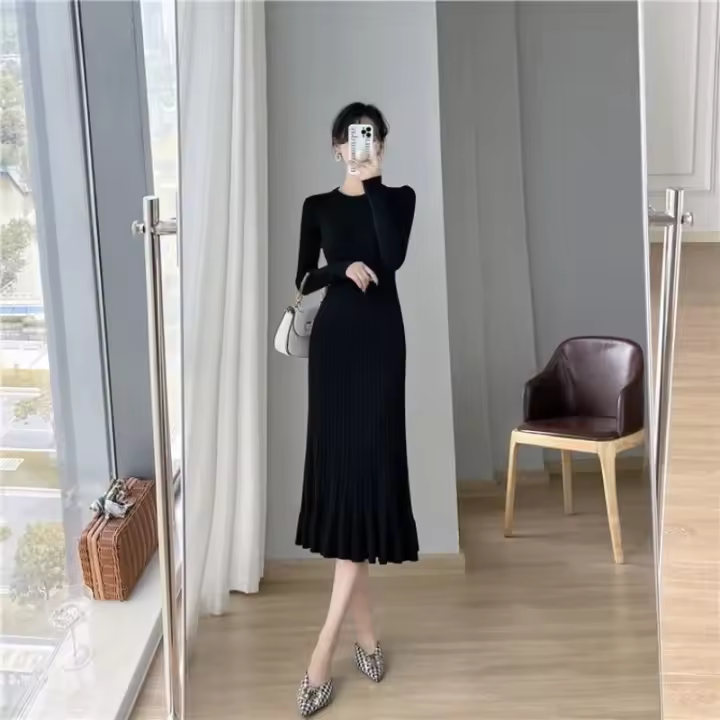 Vestido de punto de otoño e invierno para mujer, vestido largo informal de moda de Color sólido con pliegues y cuello redondo de manga larga para mujer - 1