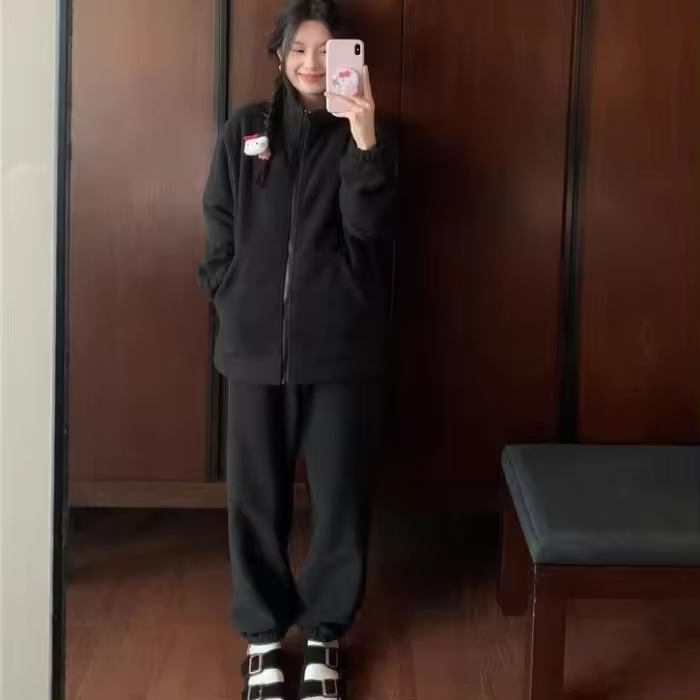 Conjunto de Ropa Exterior Cómodo Polvo Cálido de Doble Cara Chaleco y Pantalones de Sudor Grueso Estilo Coreano para Mujer en Invierno - 1