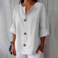 Camiseta de verano "Mujer 2025 con cuello en V, lino y algodón, holgada y transpirable, estilo boho-chic - Moda informal y elegante" "Mujer con cuello en V, algodón, transpirable, - Moda" - details 37