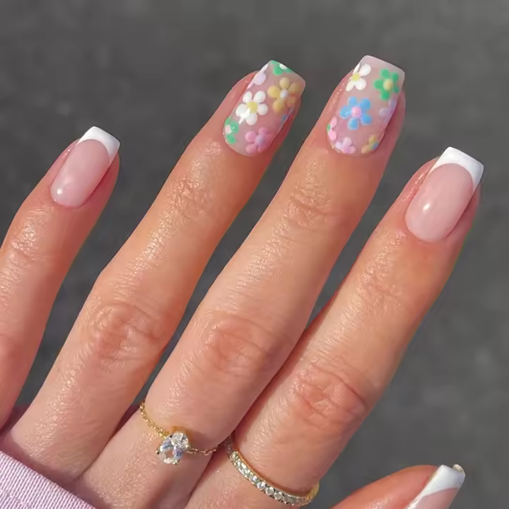 Juego de 24 uñas postizas cuadradas rosas y blancas estilo francés, uñas postizas removibles para mujer - 1