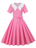 Vestido midi elegante informal para mujer con lunares, cuello Peter Pan, cintura alta y corte en A - details 1