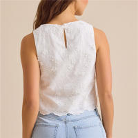 Top corto con abertura lateral para mujer, camiseta sin mangas con lazo lateral, sin mangas, estampado Floral a cuadros, cuello redondo, camisa Peplum de verano para salir - details 3