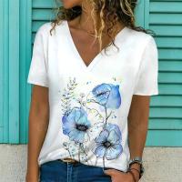 Camiseta de Manga Corta con Cuello en V Moda Blanca para Mujeres Estampado 3D de Lavanda - details 7