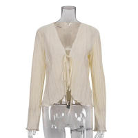 Camisas lisas plisadas para mujer, cárdigan acampanada de manga larga con cuello en V, Tops informales para fiesta y calle - details 6