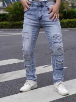 Jeans para hombre, bordado de retales lavados destruidos, moda, cómodos, transpirables, adecuados para exteriores y transporte - details 1