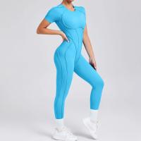 Ropa de Yoga de manga corta ajustada de Color sólido, pantalón largo Sexy con espalda descubierta, mono para entrenamiento de gimnasio, ropa deportiva de secado rápido de una pieza para Fitness - details 14
