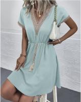 2025 Primavera/Verano Vestido de cintura con cuello en V y encaje de manga corta de color sólido - details 7