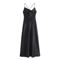 Vestido de Seda Csatelada de Medio Largo Cuello Drapeado, Abierto con Correas, Estilo Europeo Americano, Primavera-Verano, Novedad de 2024 - details 3