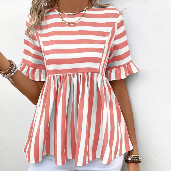 Nuevo Vestido camisero de verano para mujer, cuello redondo, manga con volantes, holgado, cómodo, a rayas - 1