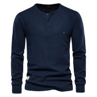 Camiseta de manga larga con cuello Henry para hombre, camisa de manga larga con diseño de gofres, color sólido, para otoño e invierno, talla europea - details 7