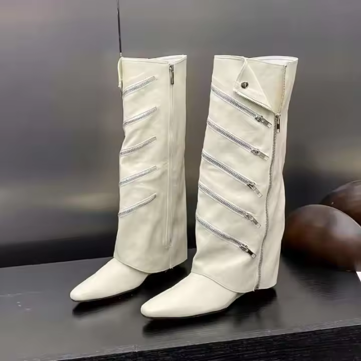 Señal de entrega 2024, nuevos zapatos de tacón inclinado a la moda con cremallera para mujer, botas de moto con parte inferior gruesa - 1