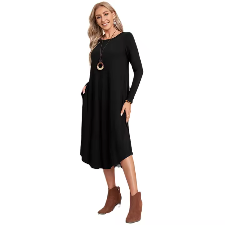 Vestido de Moda para Mujer de Cintura Suelta Tela de Tejido Plano Casual con Bolsillo de Lencería, Borde Curvado - 1
