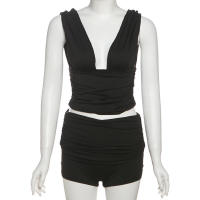 BUNO-Conjunto de 2 piezas de moda plisada para mujer, camisetas sin mangas con cuello bajo y espalda descubierta + Mini pantalones cortos ajustados, trajes sencillos informales clásicos de calle - details 9