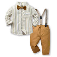 Conjunto de Niños de Estilo Coreano para Otoño Camisa de Algodón a Rayas de Varios Colores con Pantalones de Tirantes Moda de Playa para Mujeres - details 3