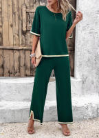 Conjuntos de punto de verano para mujer, trajes de 2 piezas, Tops de manga corta con pantalones, Verde S - details 4