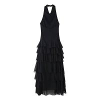 OUWU- Vestido halter con volantes en capas negras para mujer, elegante vestido largo sin mangas Y2K sin espalda, batas de fiesta de noche para vacaciones de verano - details 0