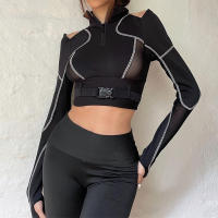 ropa de motociclista, camiseta de malla, camisetas góticas negras para mujer, camiseta recortada con hebilla, camiseta Sexy de manga larga - details 7
