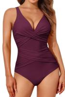 Bañador de una pieza con Control de barriga para mujer, traje de baño modesto con cuello en V - details 1