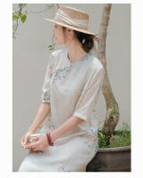 Cheongsam mejorado reductor de edad de estilo chino de verano con estampado artístico, cuello inclinado de pie, efecto adelgazante, ramio medio - details 0