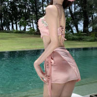 Traje de baño push-up para mujer, conjunto de 3 piezas, bikini sexy sin espalda con aros, traje de baño de cintura alta con control de barriga y falda de diamantes de imitación - details 6