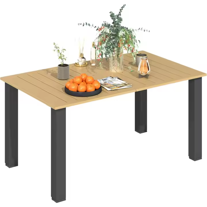 Mesa de jardín rectangular, mesa de terraza exterior 150x90x73 cm con patas de acero, orificio para sombrilla y diseño de listones, carga 70 kg para terraza, patio, marrón - 1