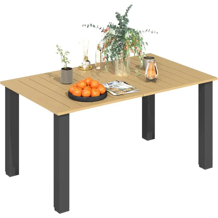 Mesa de jardín rectangular, mesa de terraza exterior 150x90x73 cm con patas de acero, orificio para sombrilla y diseño de listones, carga 70 kg para terraza, patio, marrón - 1