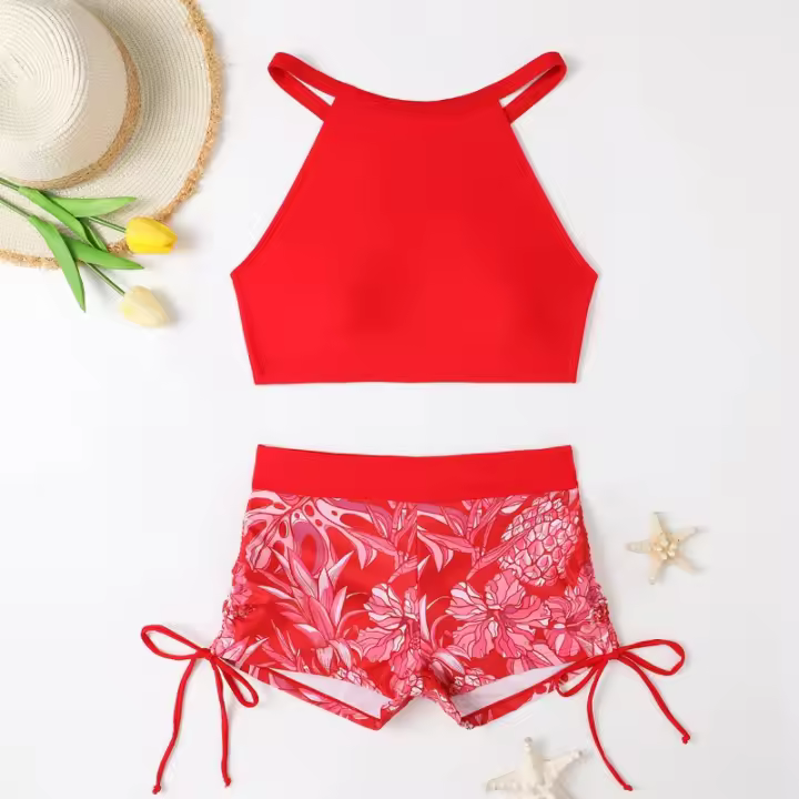 Bañador estampado de cintura alta para mujer, Bikini de cuello alto con cordón, ropa de baño femenina, ropa de playa 2024 - 1