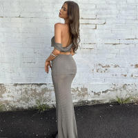 BUNO-Conjunto de 2 piezas de punto para vacaciones para mujer, camisetas sin mangas cortas con cuello oblicuo y faldas largas de cintura alta, trajes a juego de tendencia femenina - details 2