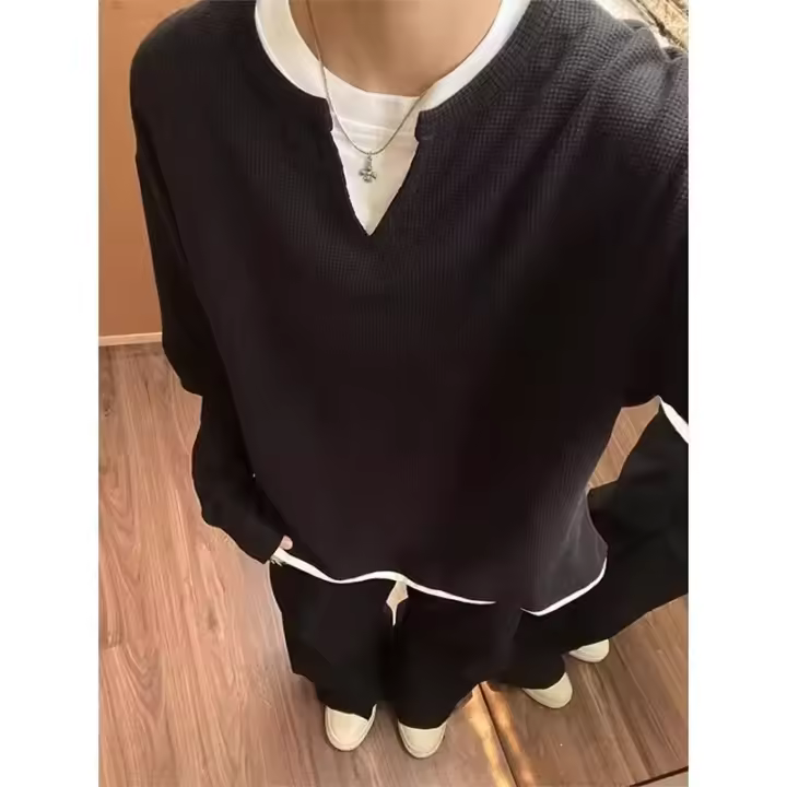 Camiseta de Manga Larga con Cuello Henry de Dos Piezas Moda Casual para Hombres Primavera-Otoño 2024 Material de Algodón Top Suelto - 1