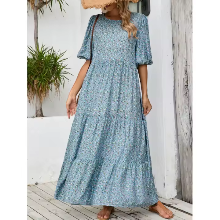 Nuevo estilo suelto cuello redondo vestido de manga media falda larga floral casual retro - 1