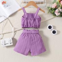 Verano nuevas niñas color sólido con tirantes plisados + conjunto de pantalones cortos con bolsa abierta - details 2