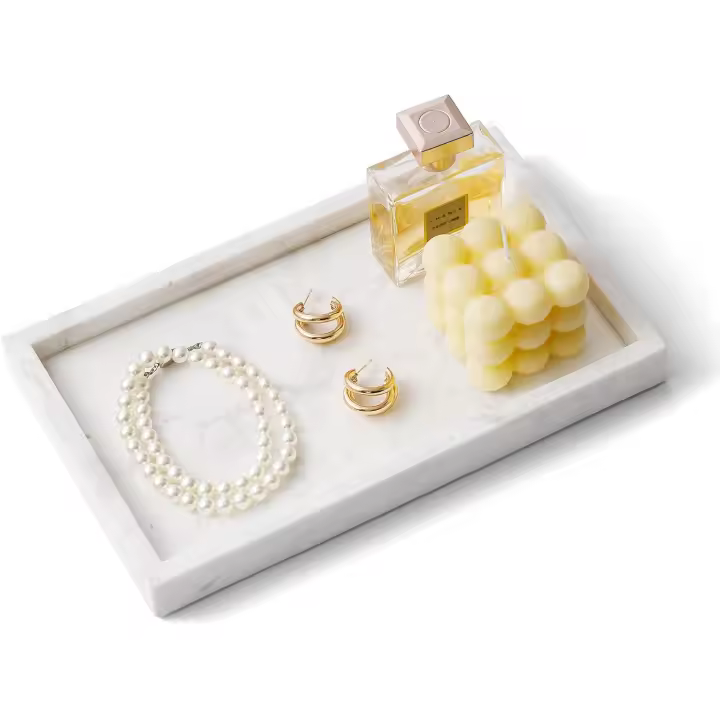 WORHE Bandeja de tocador de mármol italiano para joyas, perfumes, maquillaje, velas, toallas, bandejas decorativas modernas naturales para baño, dormitorio, tocador, rectangular, organizador de - 1