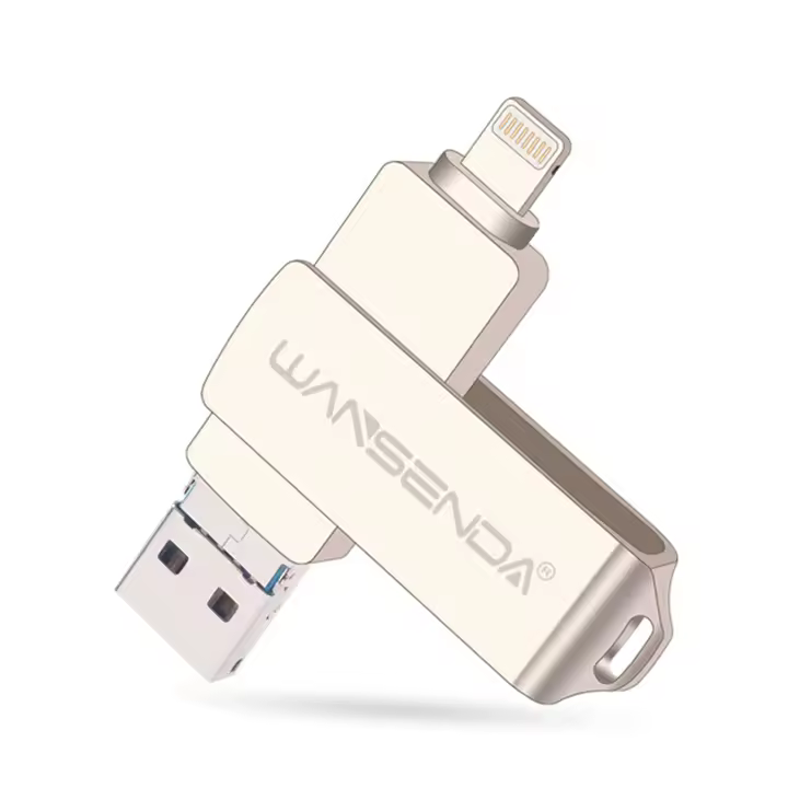 Disco de Memoria USB WANSENDA de Metal 256GB 128GB 64GB 3.0 para iPhone 14 Pro/13/12/11/XR. Pen Drive OTG con Interfaz Hardware Lightning Diseño de Rotación - 1