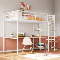 Cama alta de metal, 90*200 cm (sin colchón), escalera de seguridad con peldaños, cama individual, cama infantil con mesa y estantes, valla de seguridad de malla metálica, blanco - details 2