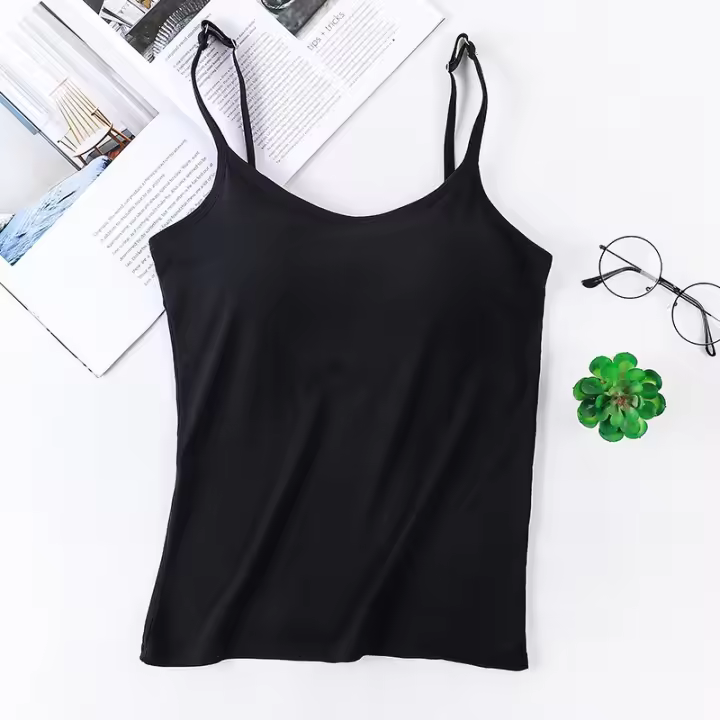 Camiseta de mujer con push-up y relleno de sujetador anti-deslizamiento, color sólido, talla única, top de verano de algodón. - 1