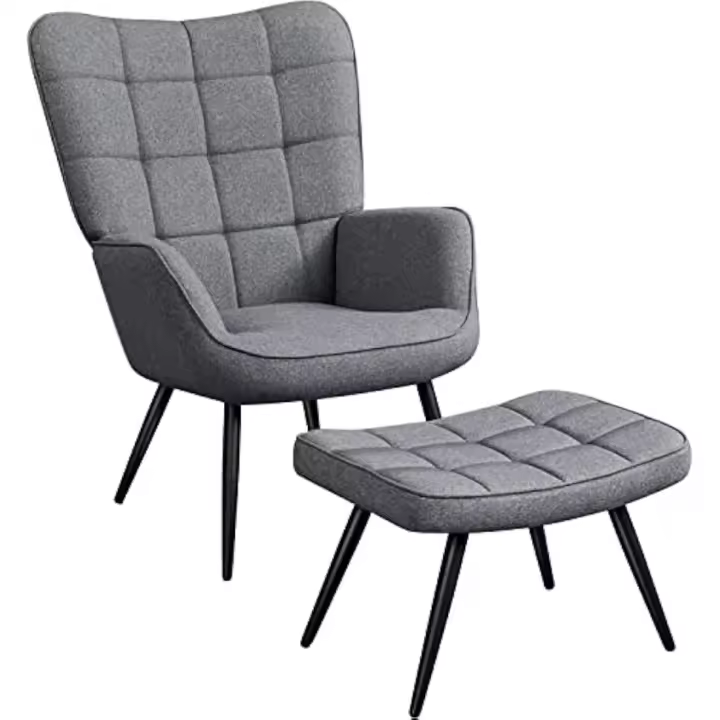 Sillón Orejero con Reposapiés Silla Tapizada de Lino Transpirable con Respaldo Ergonómico con Patas Metálicas para Salón Dormitorio Oficina Carga MAX 136KG Color Gris Oscuro - 1