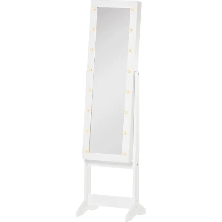 Espejo Joyero de Pie Armario de Joyería con 16 Luces LED y Ángulo Ajustable Organizador de Joyas con Estantes Ranuras para Anillos 36x30x136 cm Blanco Cálido - 1