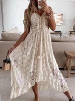 BUNO-Sin mangas, cuello en V, borlas fruncidas, vestido largo con volantes y fruncido con cordones para mujer - details 2