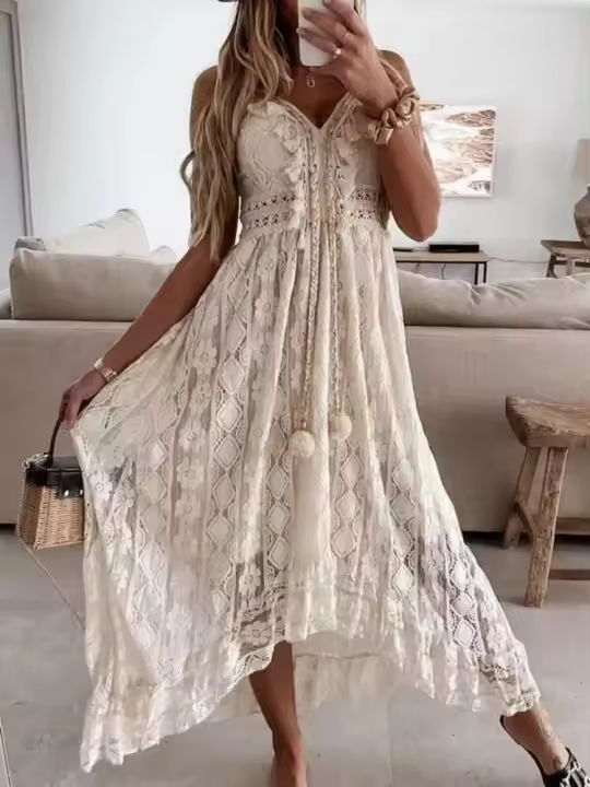 BUNO Vestido largo sin mangas con cordones y volantes fruncidos con cuello en V para mujer - 1